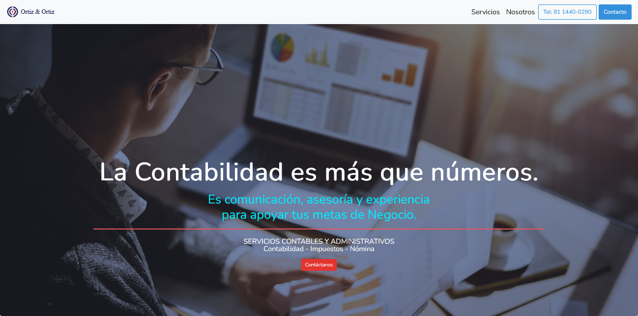 Portada de Sitio Web de Ortiz Contadores. Diseño responsivo y profesional creado por Dynamarca